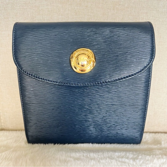 VINTAGE CHLOE Navy Blue Epi Leather Gold Chain Small Crossbody / Clutch - Picture 14 of 16